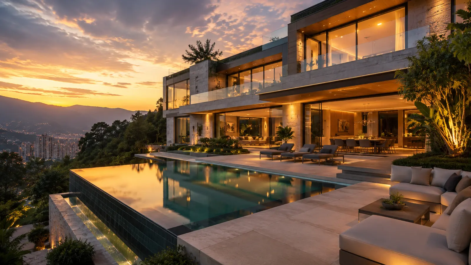 Piscina infinita al atardecer sobre el valle, en Casa Mirador del Tesoro